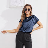 Womens Silk Tops Round Neck Short Sleeves Pure Silk Shirts Navy Blue XS