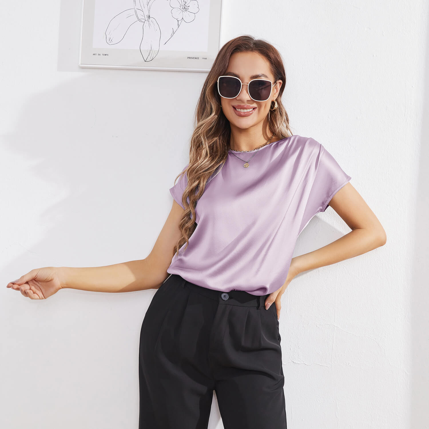Womens Silk Tops Round Neck Short Sleeves Pure Silk Shirts Lavender XS