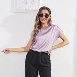 Womens Silk Tops Round Neck Short Sleeves Pure Silk Shirts Lavender XS