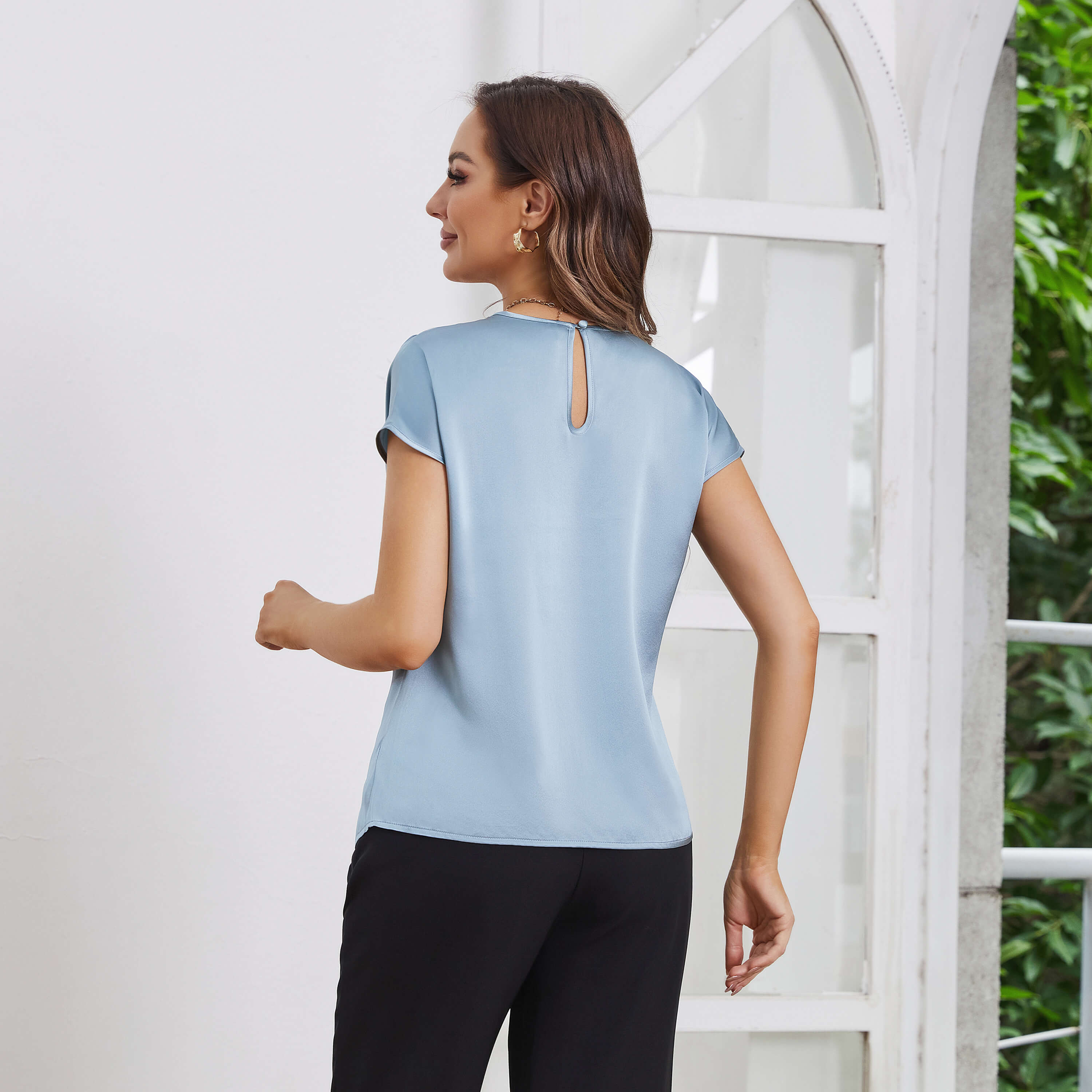 Womens Silk Tops Round Neck Short Sleeves Pure Silk Shirts Haze Blue XS