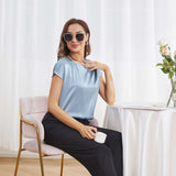 Womens Silk Tops Round Neck Short Sleeves Pure Silk Shirts Haze Blue XS