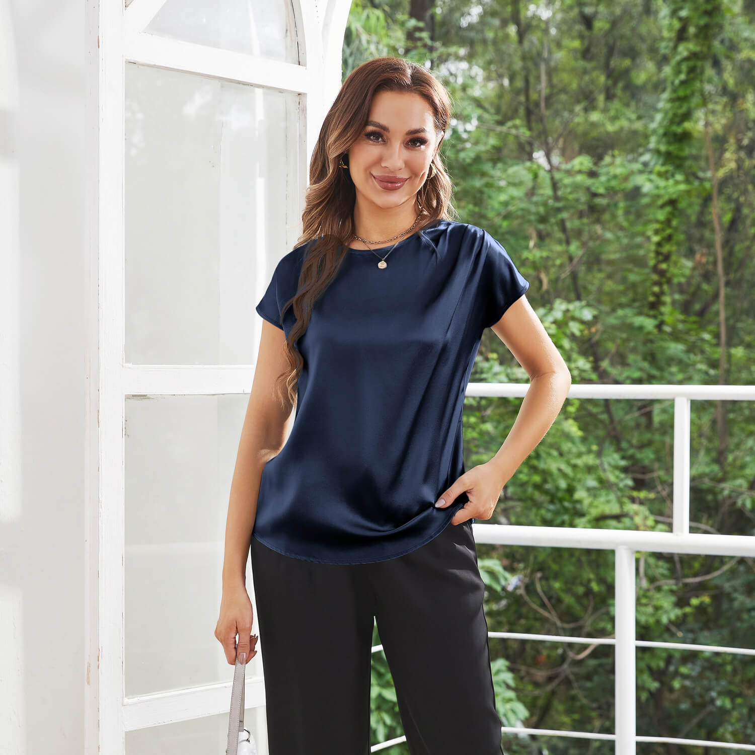 Womens Silk Tops Round Neck Short Sleeves Pure Silk Shirts Navy Blue XS