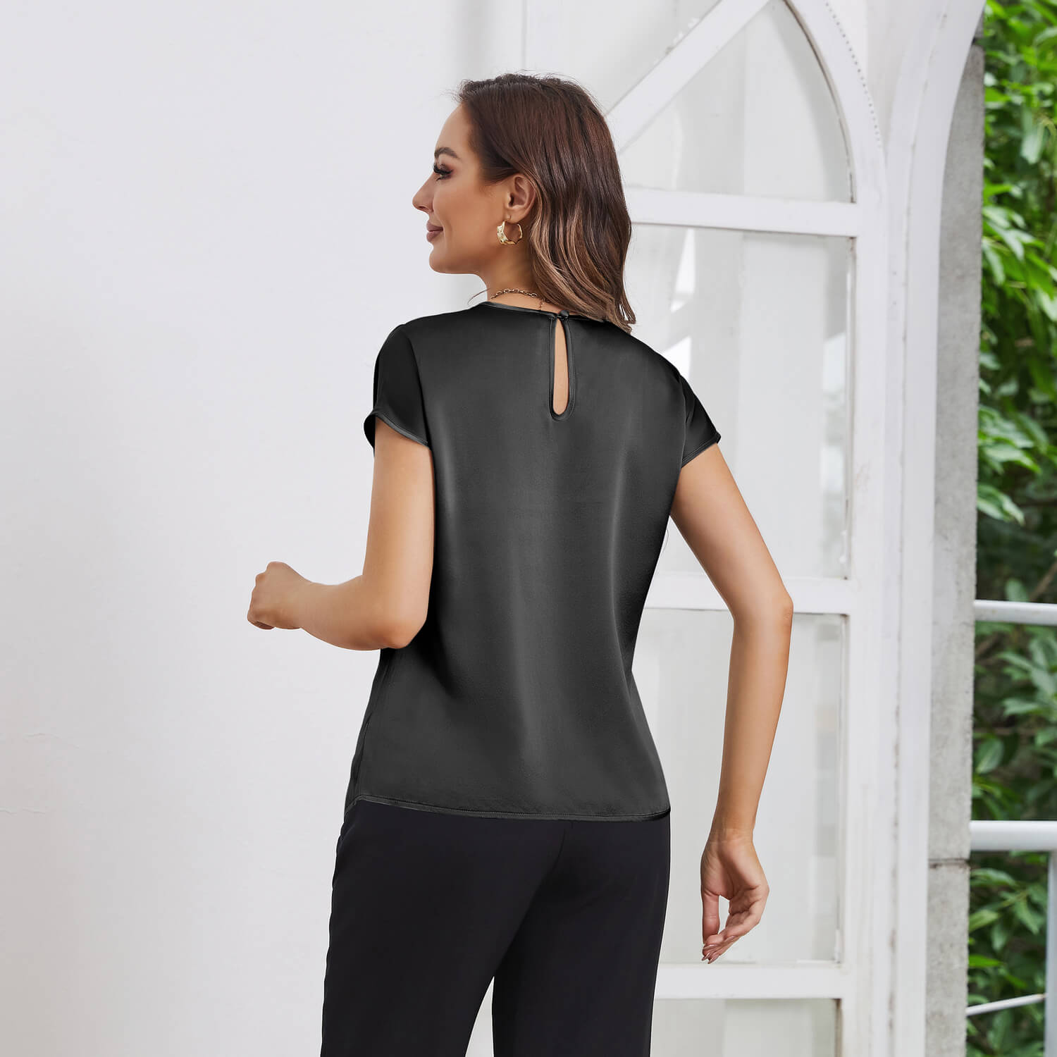 Womens Silk Tops Round Neck Short Sleeves Pure Silk Shirts Black XS