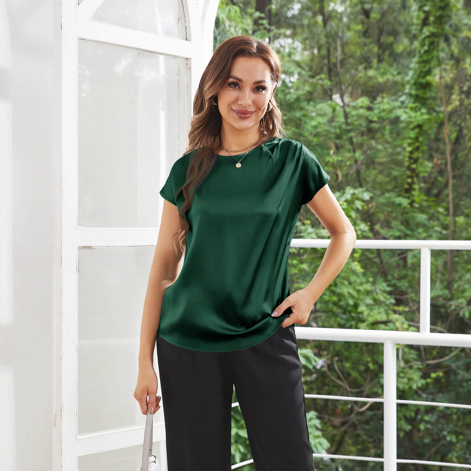 Womens Silk Tops Round Neck Short Sleeves Pure Silk Shirts Dark Green XS