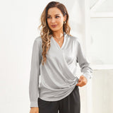Women's Silk Wrap Tops Long Sleeves Loose Casual Work Silk Blouse