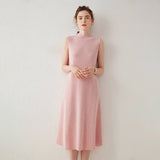 Womens Sleeveless Cashmere Dress Mock Neck Cashmere Knit Midi Dress Pink XS