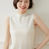 Womens Mock Neck Sleeveless Knit Cashmere Vest With Ribbed Hem Ivory XS