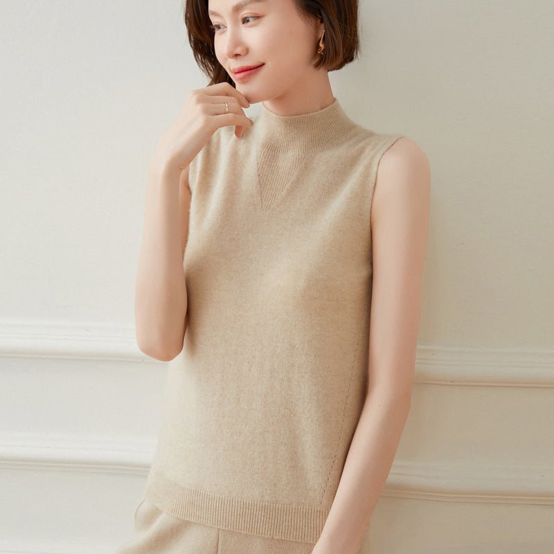 Womens Mock Neck Sleeveless Knit Cashmere Vest With Ribbed Hem Beige XS