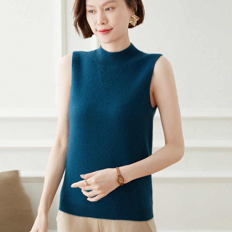 Womens Mock Neck Sleeveless Knit Cashmere Vest With Ribbed Hem Ocean Blue XS