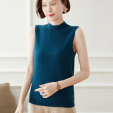 Womens Mock Neck Sleeveless Knit Cashmere Vest With Ribbed Hem Ocean Blue XS
