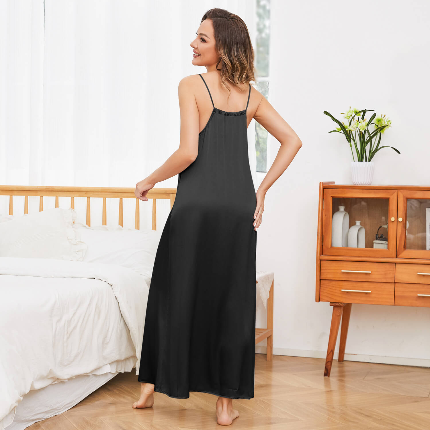 Women's Sleeveless Scoop Neck 100% Pure Silk Nightdress Navy Blue XS