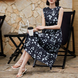 Womens Sleeveless Silk Midi Dress Abstract Floral Print Long Silk Dress Navy Blue XS