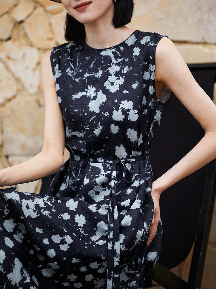 Womens Sleeveless Silk Midi Dress Abstract Floral Print Long Silk Dress Navy Blue XS