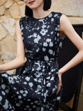 Womens Sleeveless Silk Midi Dress Abstract Floral Print Long Silk Dress Navy Blue XS