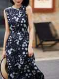 Womens Sleeveless Silk Midi Dress Abstract Floral Print Long Silk Dress Navy Blue XS