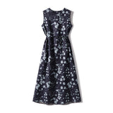 Womens Sleeveless Silk Midi Dress Abstract Floral Print Long Silk Dress Navy Blue XS