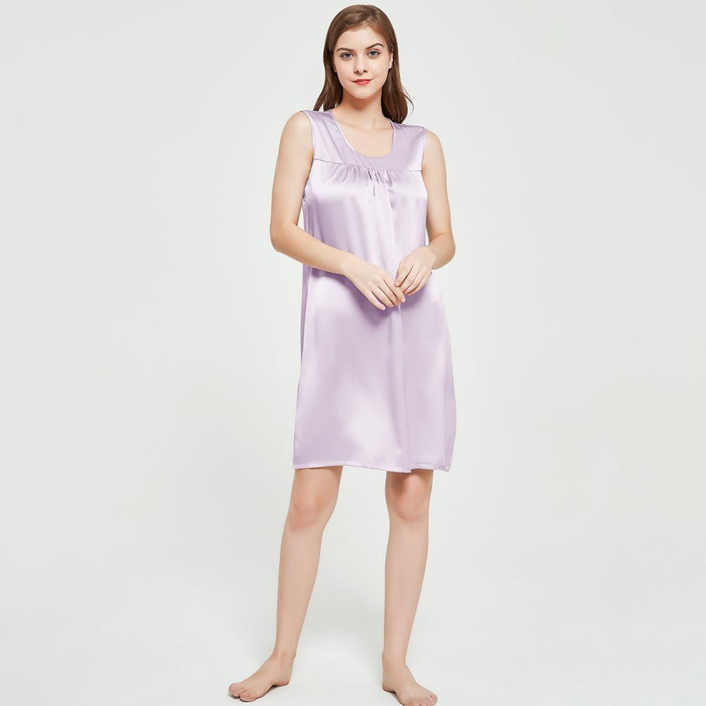 Womens Sleeveless Silk Nightgown Pleated Front Silk Night Gowns Lavender XS