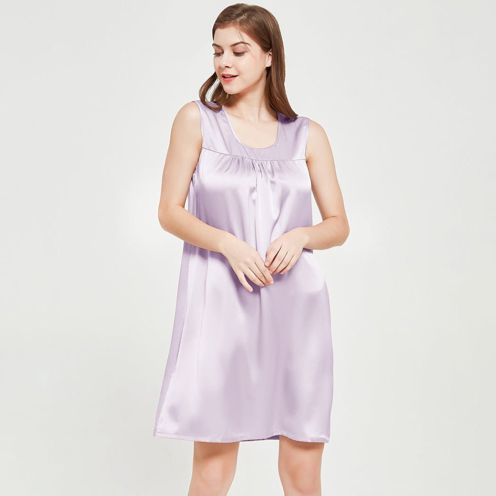 Womens Sleeveless Silk Nightgown Pleated Front Silk Night Gowns Lavender XS