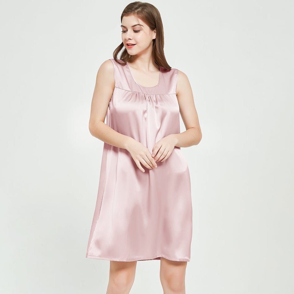 Womens Sleeveless Silk Nightgown Pleated Front Silk Night Gowns Rosy Pink XS