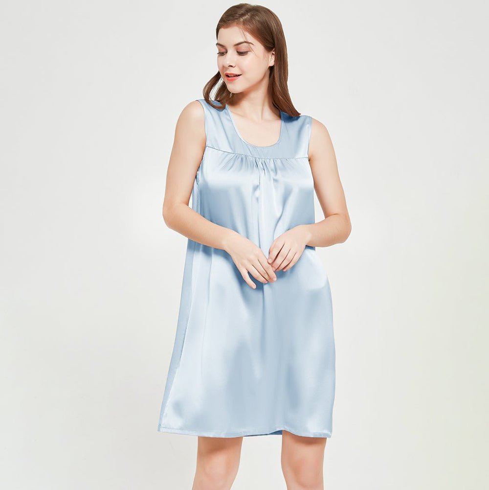 Womens Sleeveless Silk Nightgown Pleated Front Silk Night Gowns Light Blue XS