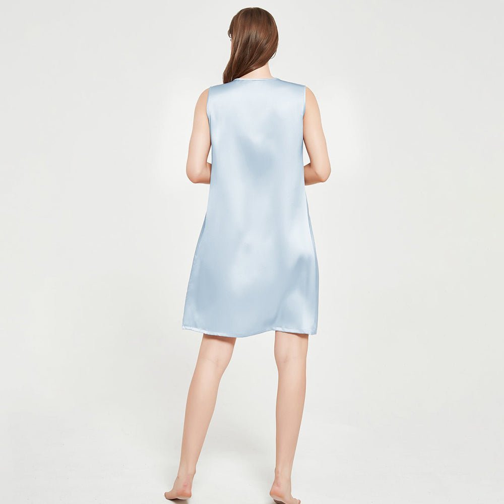 Womens Sleeveless Silk Nightgown Pleated Front Silk Night Gowns Light Blue XS