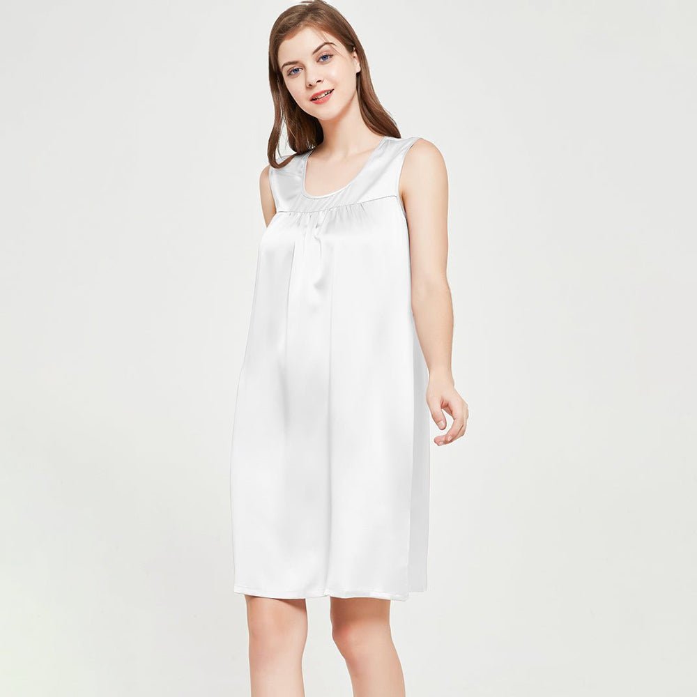 Womens Sleeveless Silk Nightgown Pleated Front Silk Night Gowns White XS