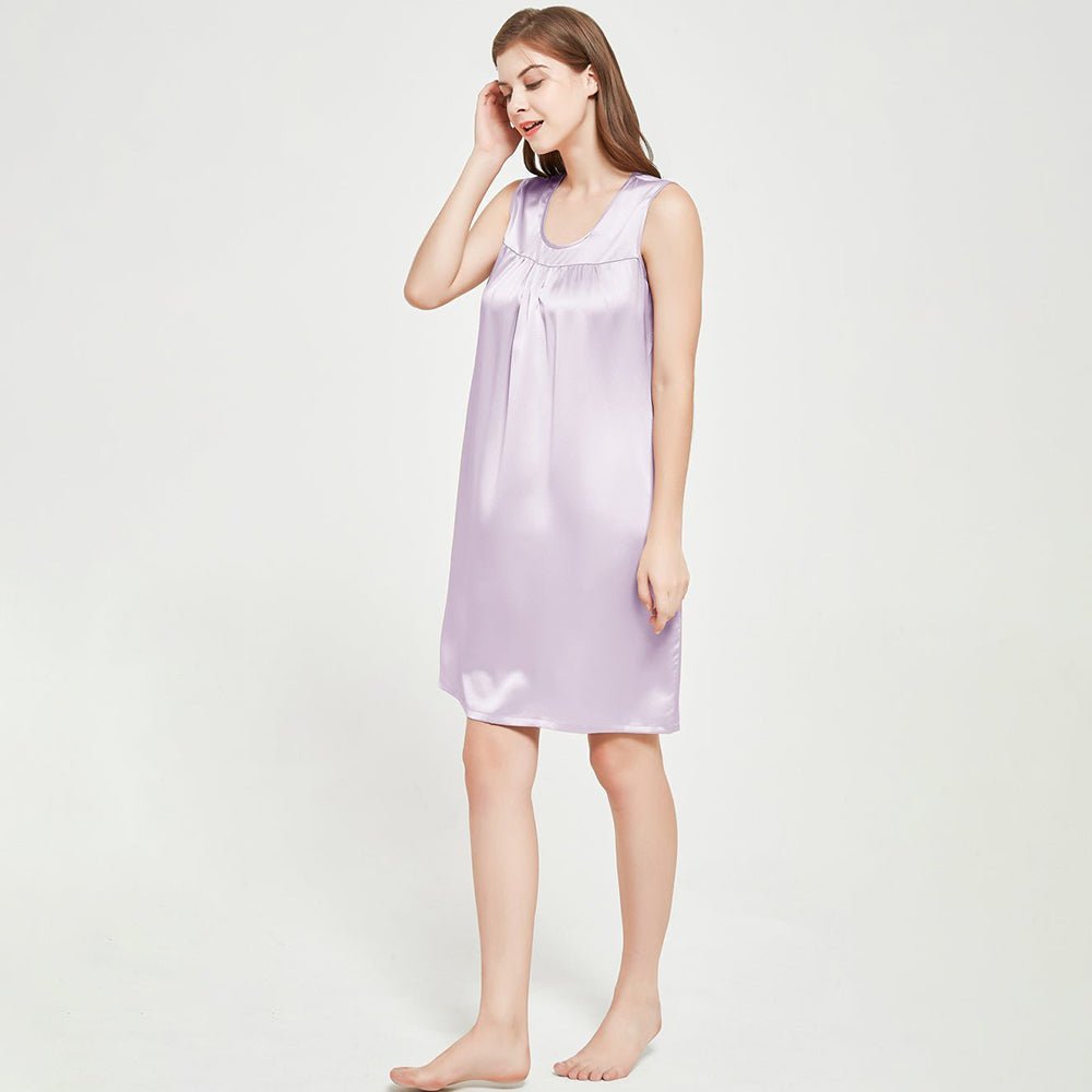 Womens Sleeveless Silk Nightgown Pleated Front Silk Night Gowns Lavender XS