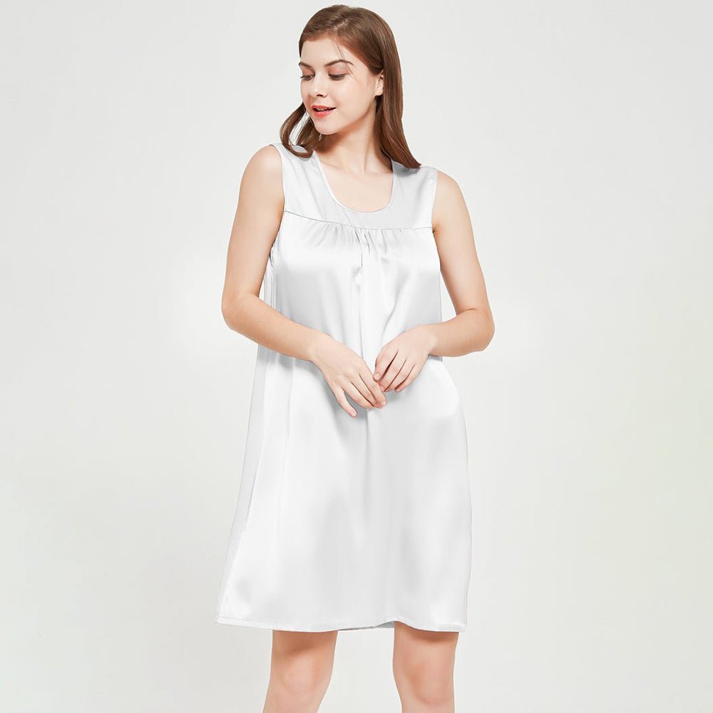 Womens Sleeveless Silk Nightgown Pleated Front Silk Night Gowns White XS