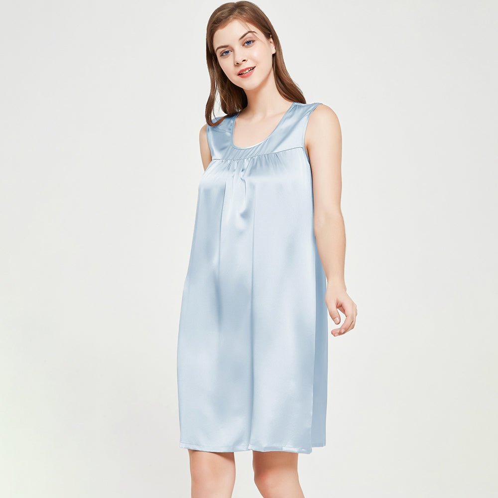 Womens Sleeveless Silk Nightgown Pleated Front Silk Night Gowns Light Blue XS