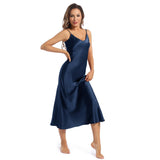 Women's Silk Slip Dress Sleeveless V Neck pure Silk Nightgown Navy Blue XS
