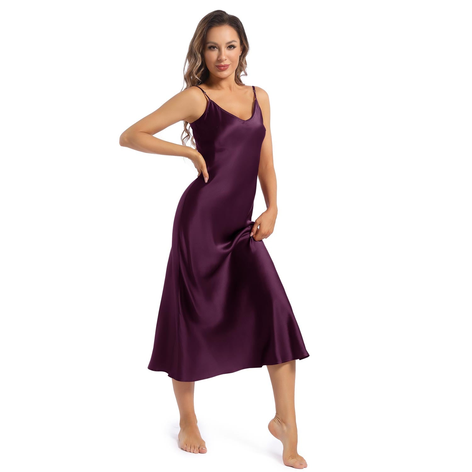 Women's Silk Slip Dress Sleeveless V Neck pure Silk Nightgown Deep Purple XS