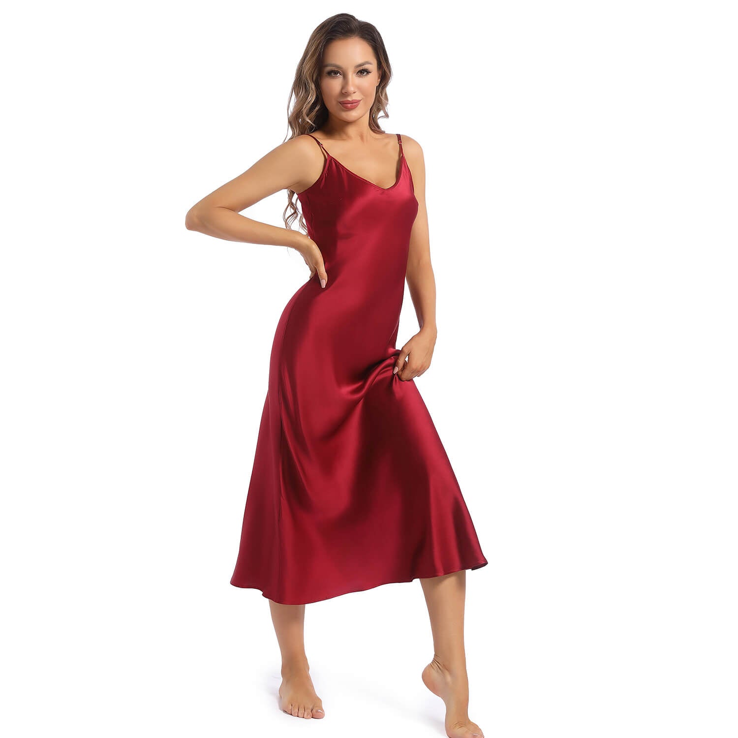 Women's Silk Slip Dress Sleeveless V Neck pure Silk Nightgown Claret XS