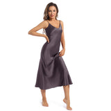 Women's Silk Slip Dress Sleeveless V Neck pure Silk Nightgown Dark Gray XS