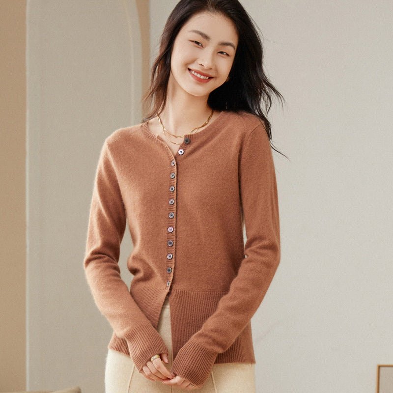 Womens Crew Neck Cashmere Cardigan Sweater Button - Down Cashmere Coat Camel XS