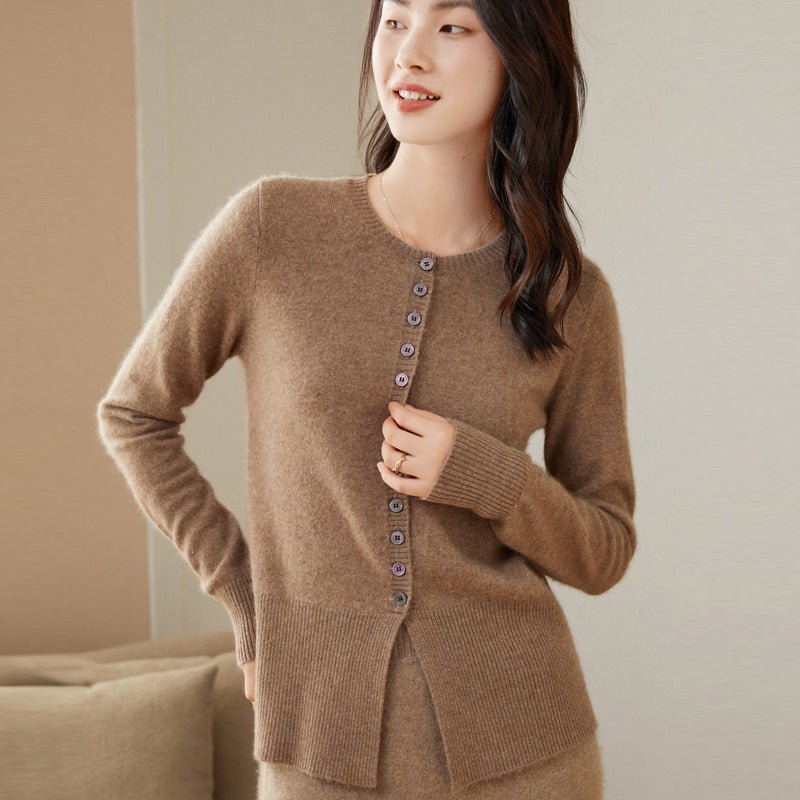Womens Crew Neck Cashmere Cardigan Sweater Button - Down Cashmere Coat Taupe XS