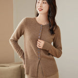 Womens Crew Neck Cashmere Cardigan Sweater Button - Down Cashmere Coat Taupe XS