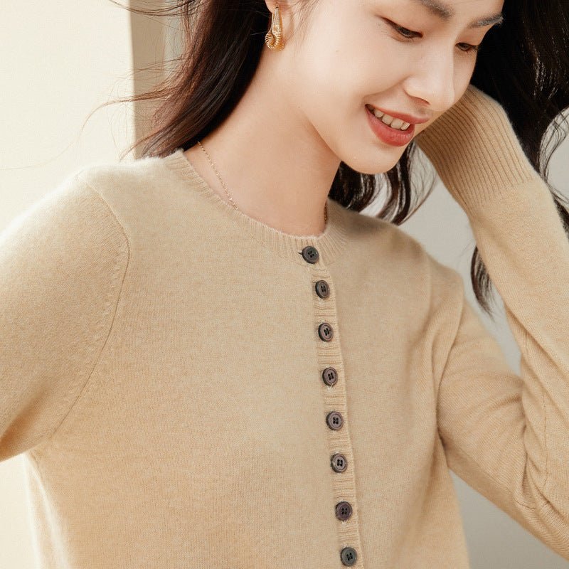 Womens Crew Neck Cashmere Cardigan Sweater Button - Down Cashmere Coat Beige XS