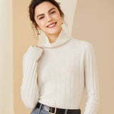 Womens Ribbed Knit Cashmere Sweater Pile Collar Cashmere Pullover Ivory XS