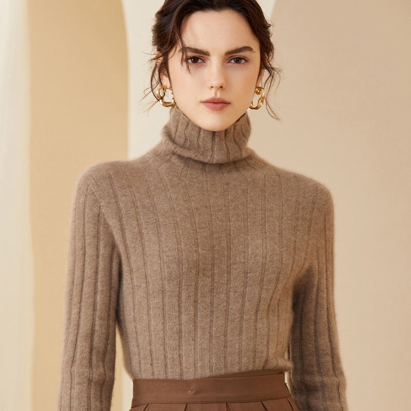 Womens Ribbed Knit Cashmere Sweater Pile Collar Cashmere Pullover Taupe XS