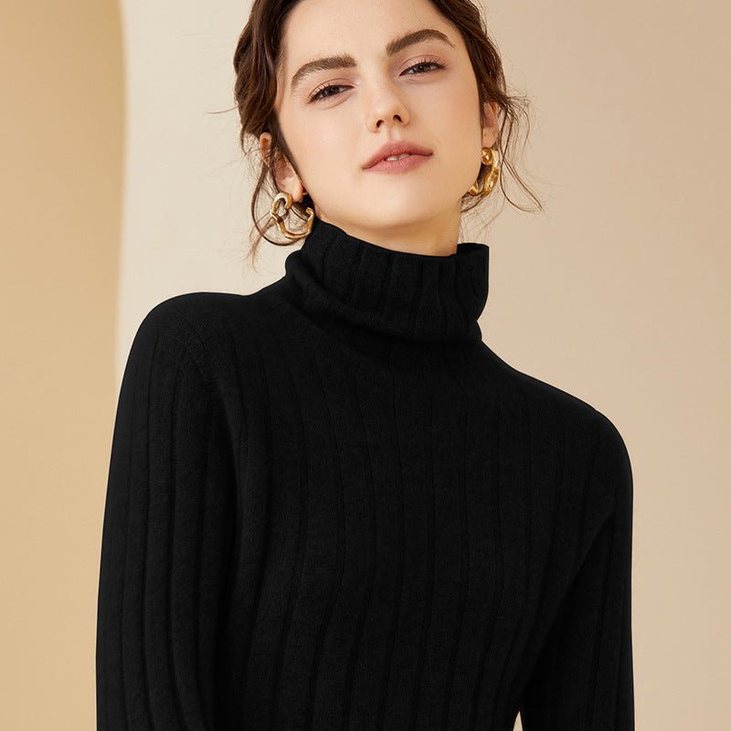 Womens Ribbed Knit Cashmere Sweater Pile Collar Cashmere Pullover Black XS