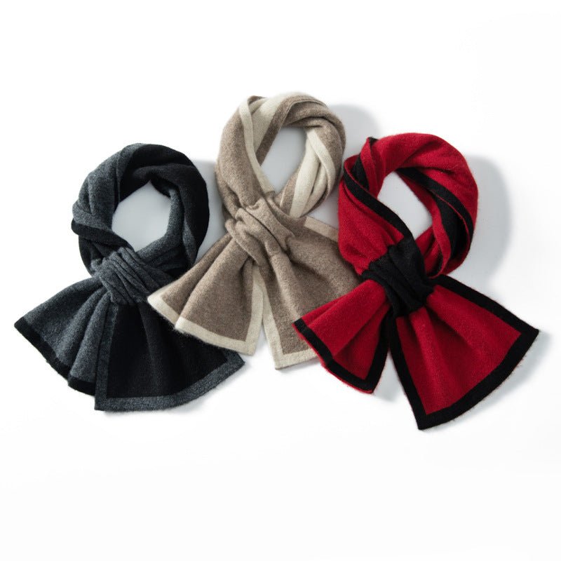 Cashmere Color - Blocked Tie Scarf Crossed Scarf Double Layer Trimming Claret M