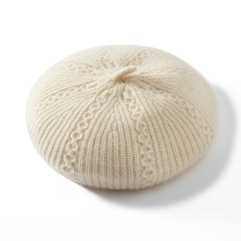 Womens Chic Pure Cashmere Cable Knit Beret Cashmere Painter Hat Beige M