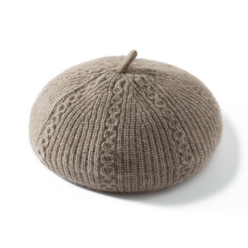 Womens Chic Pure Cashmere Cable Knit Beret Cashmere Painter Hat Taupe M