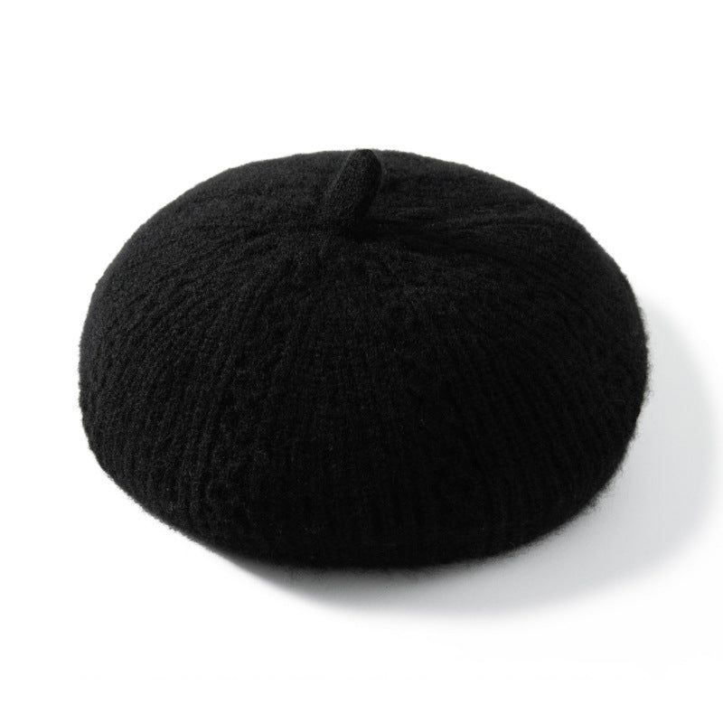 Womens Chic Pure Cashmere Cable Knit Beret Cashmere Painter Hat Black M