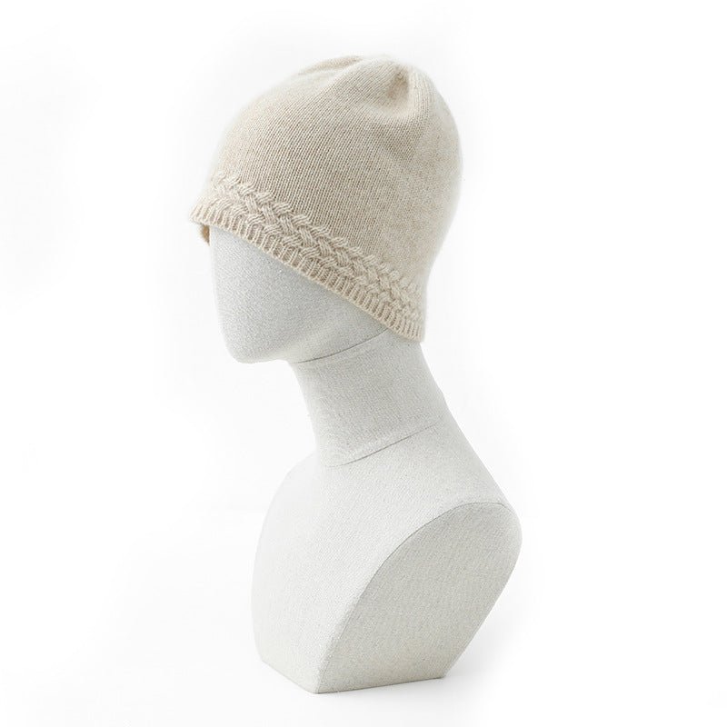 Womens Braided Cashmere Beanie Cashmere Cable Knit Hat Ribbing Edge Beige M