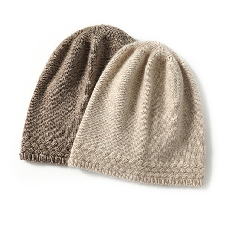 Womens Braided Cashmere Beanie Cashmere Cable Knit Hat Ribbing Edge Beige M