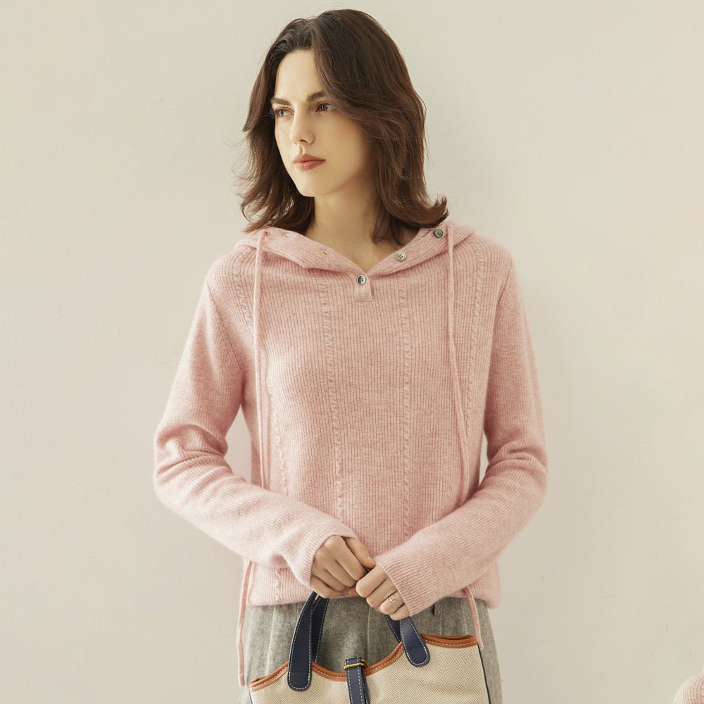 Womens Ribbed Cashmere Hoodie Buttoned Neckline Cashmere Hoody Pink XS