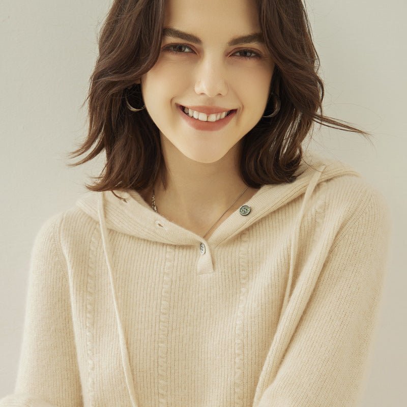Womens Ribbed Cashmere Hoodie Buttoned Neckline Cashmere Hoody Beige XS