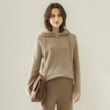 Womens Ribbed Cashmere Hoodie Buttoned Neckline Cashmere Hoody Taupe XS