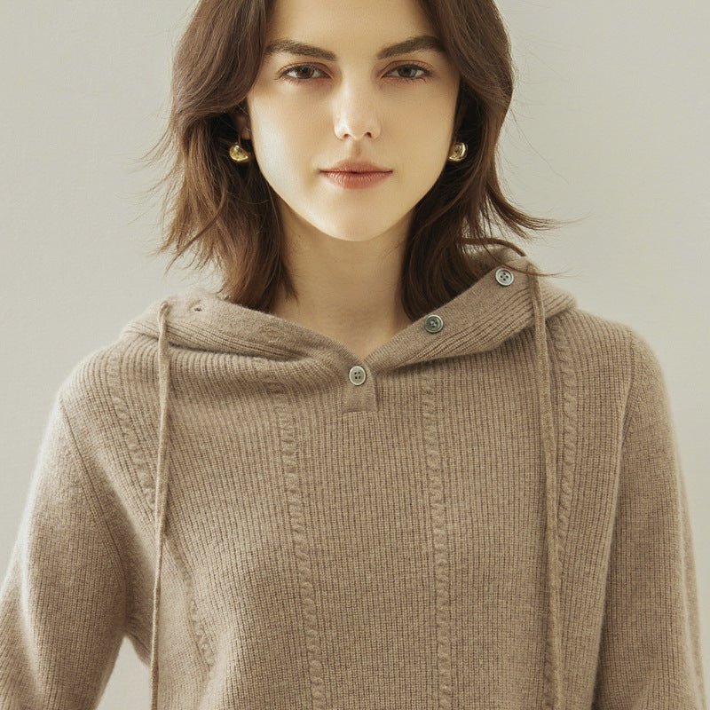 Womens Ribbed Cashmere Hoodie Buttoned Neckline Cashmere Hoody Taupe XS